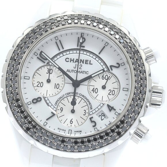 CHANEL J12 H1664 White Ceramic Black Diamond Bezel Chronograph AT Men&#039;s_883 - Picture 1 of 6